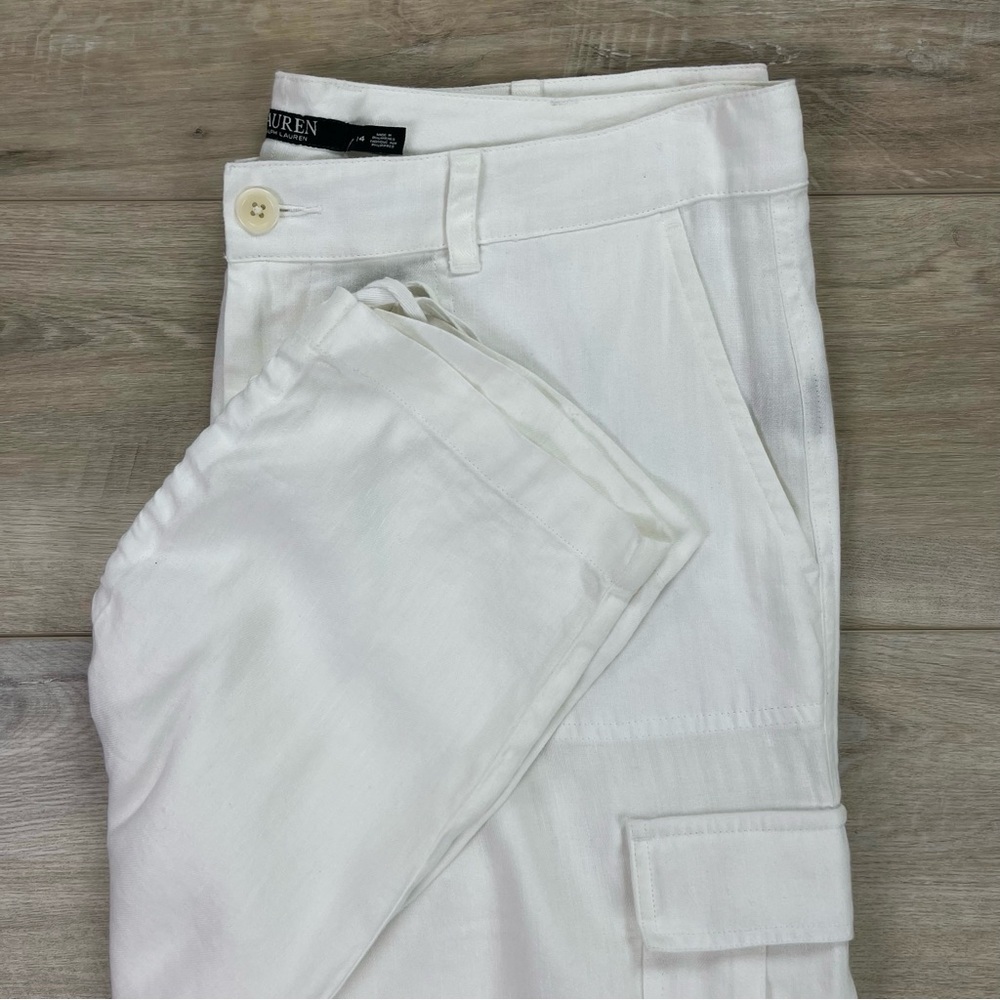 Lauren Ralph Lauren Linen Blend High Rise Pants White Adjustable Length Size 14 - Picture 6 of 11